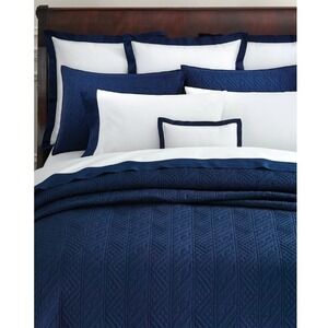Ralph Lauren Oakfield Full Queen Quilted Coverlet Navy Blue Herringbone New READ